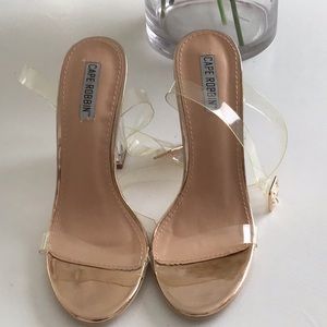 Clear ankle strap, rose gold heels 8, but fits like a 7